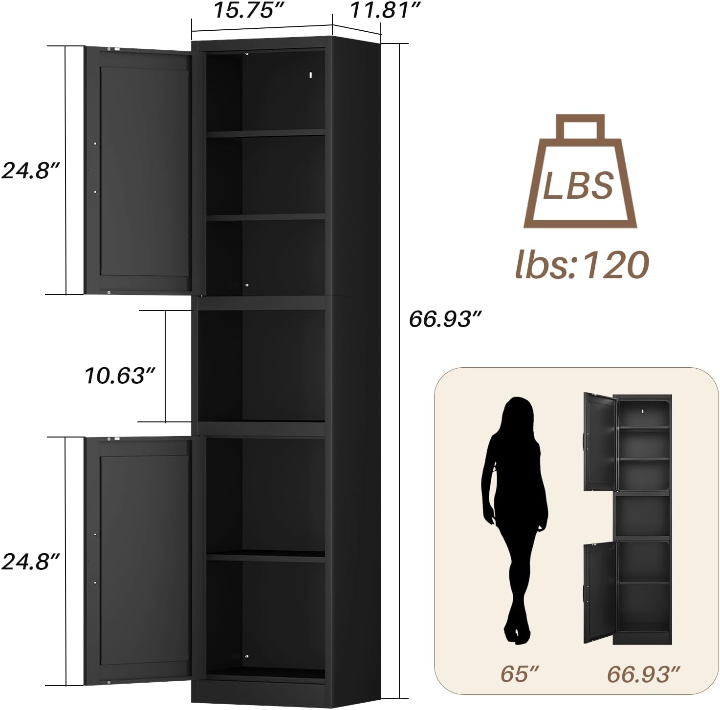 67in Black Slim Storage Cabinet