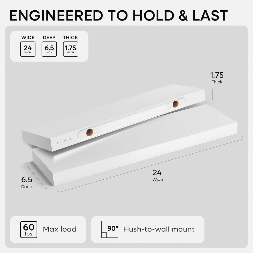 Set Of 2 White Solid Wood Floating Shelves