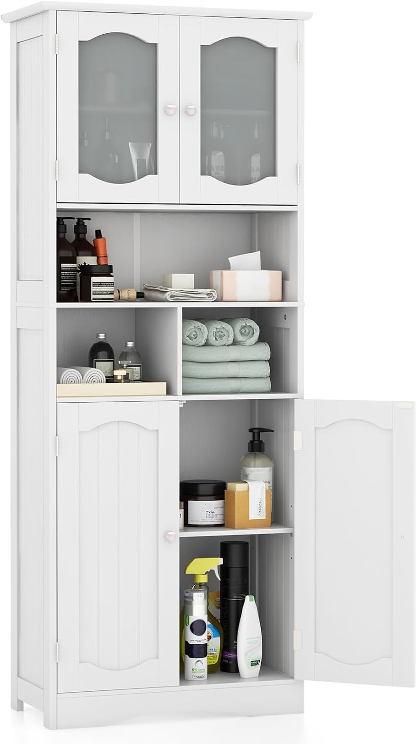 White Frosted Glass Tall Linen Pantry Cabinet