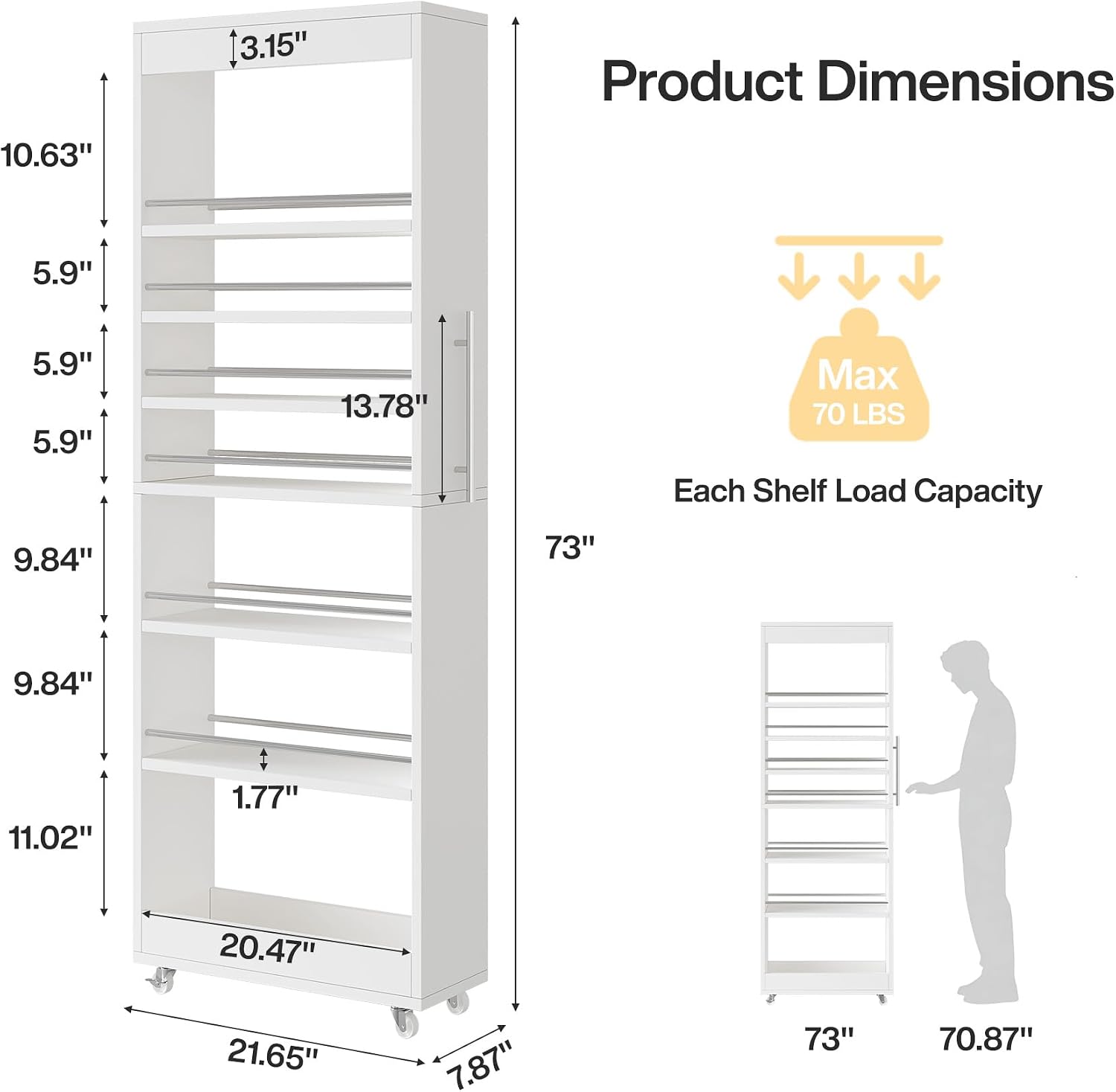 73in White Rolling Slim Pantry Cart