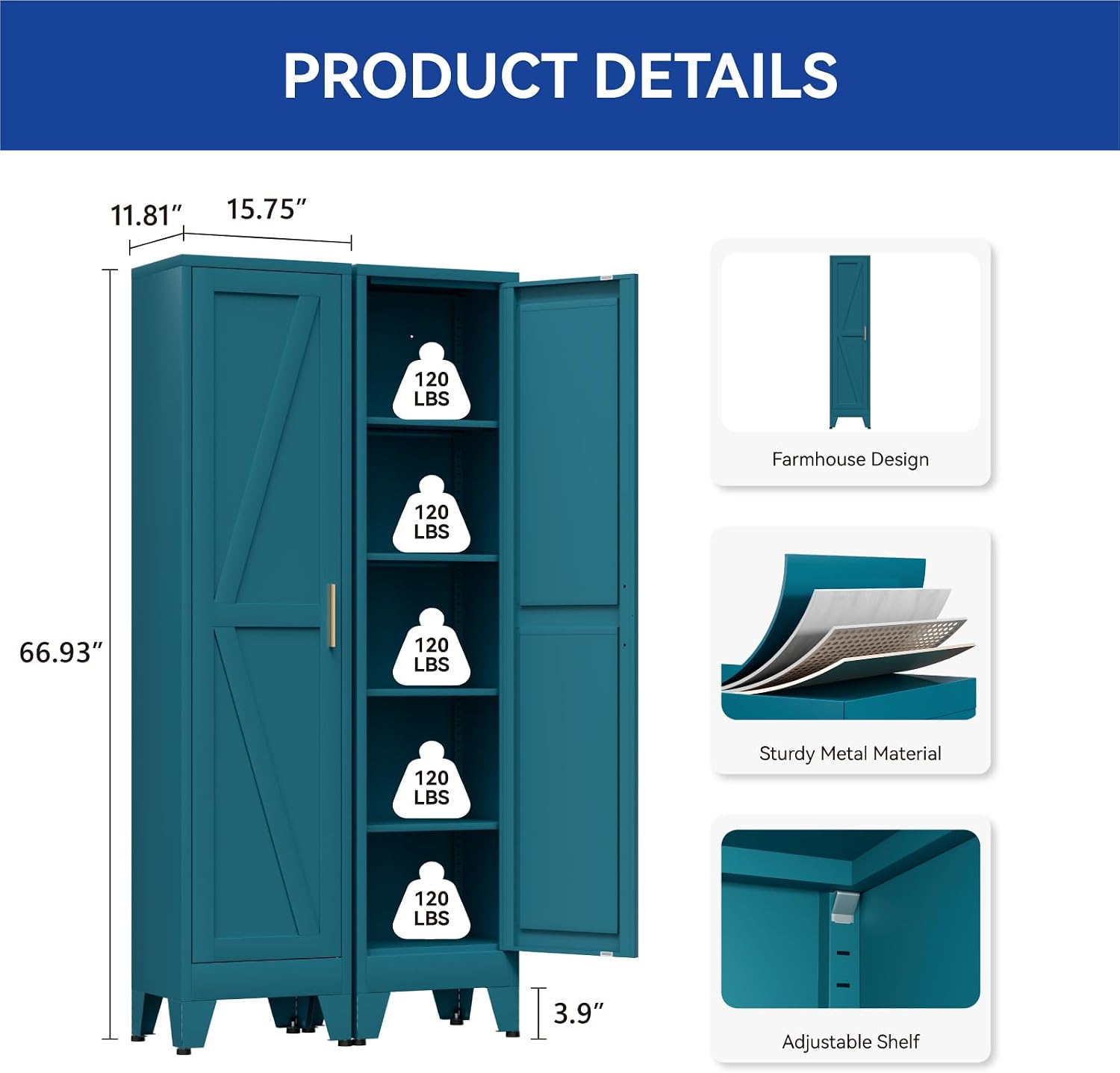67in Blue Slim Storage Cabinet