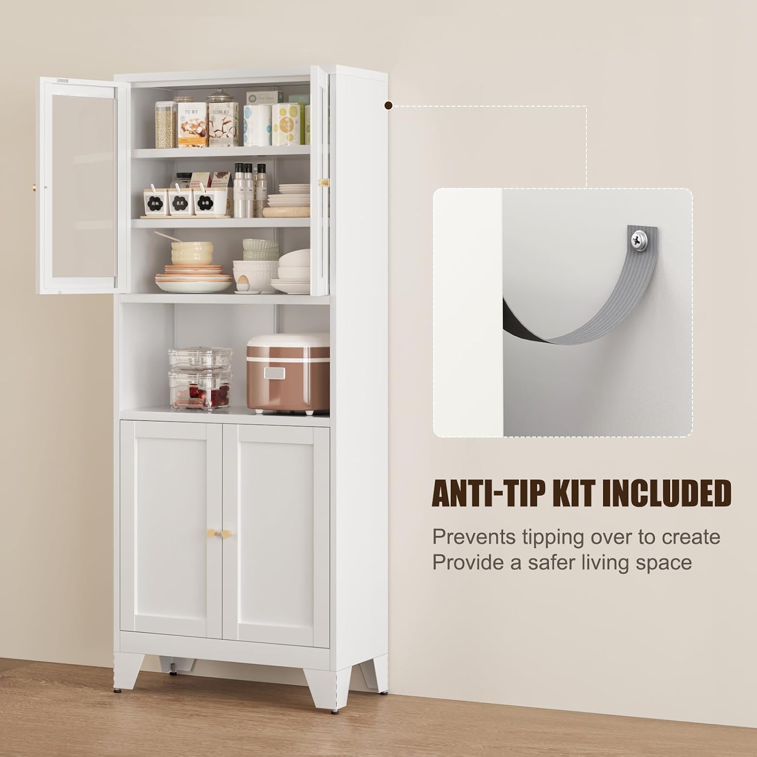 Bevivog Metal Glass Tall Storage Cabinet