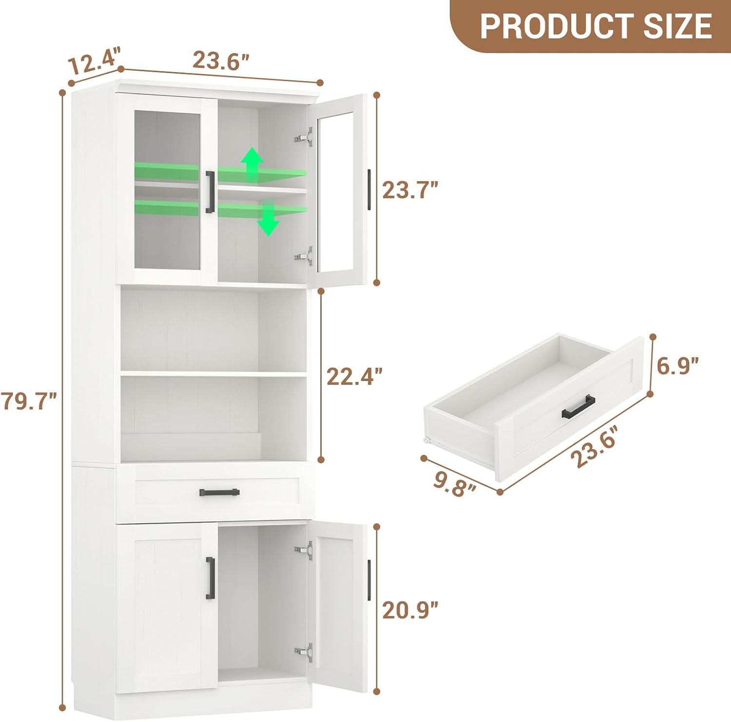 White Tall Glass Pantry Hutch Cabinet