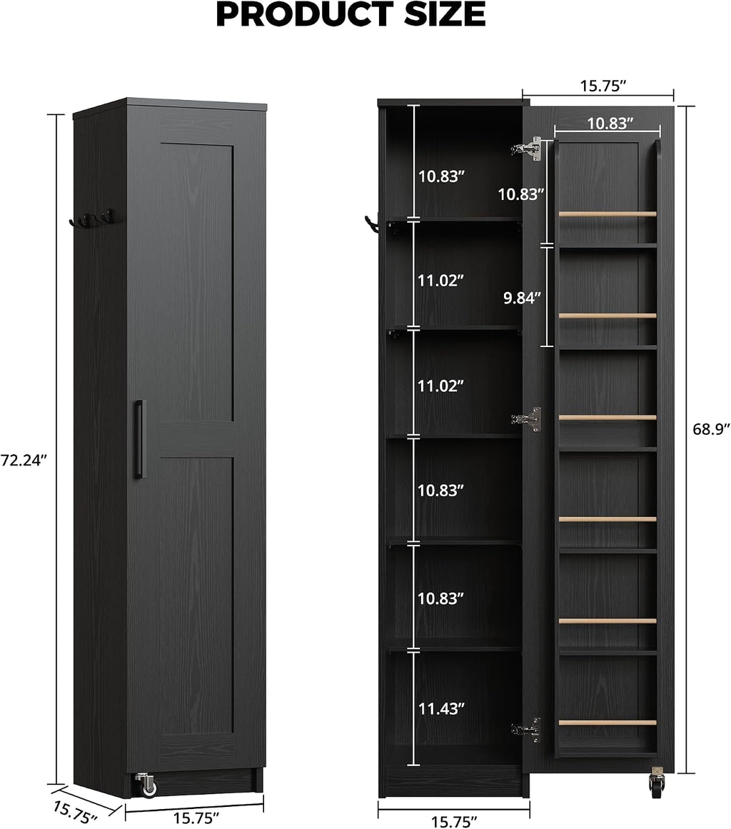 72in Black Rolling Slim Pantry Cabinet
