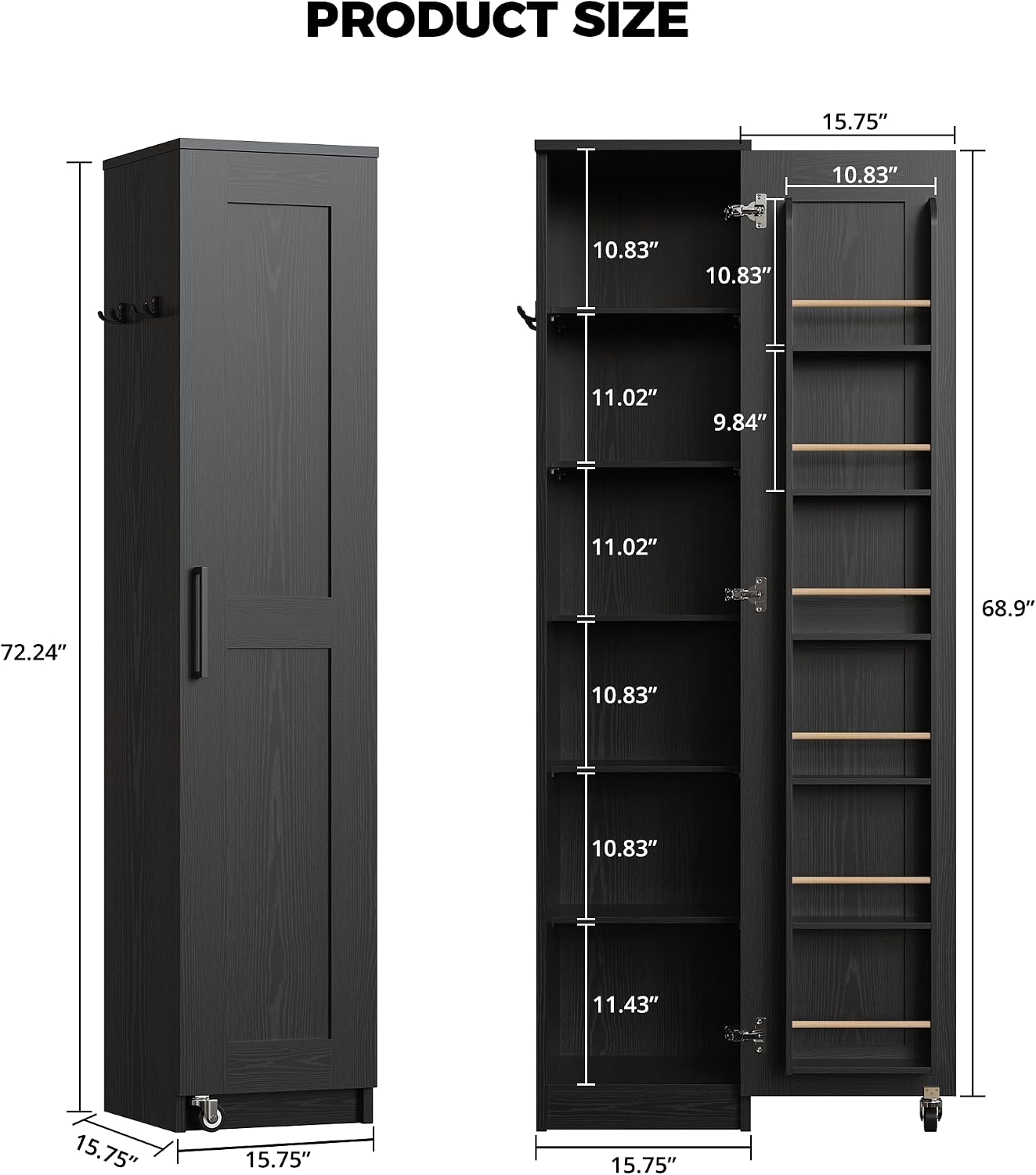 72in Black Rolling Slim Pantry Cabinet