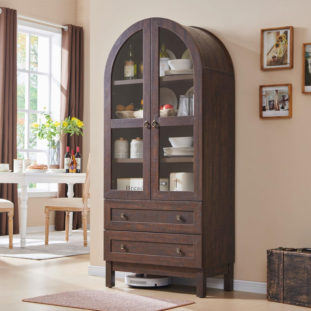 Brown Arched Farmhouse Tall Pantry Cabinet