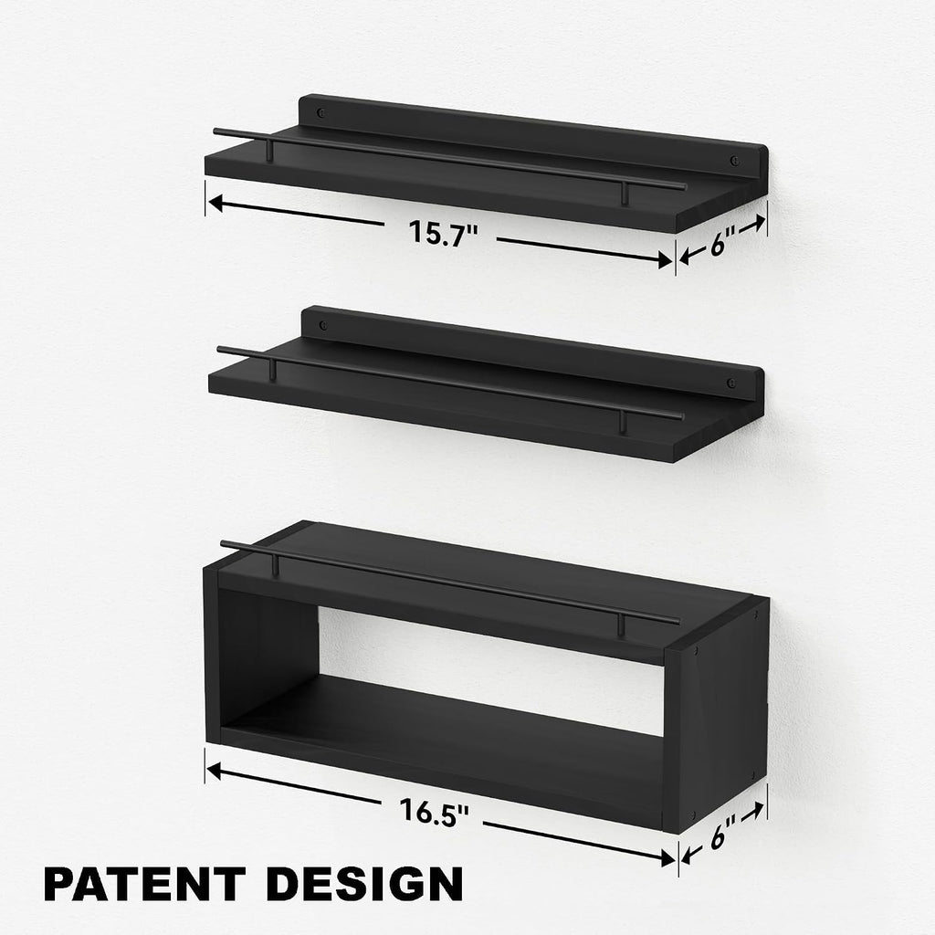 Black Floating Shelves With Cube & Metal Rail