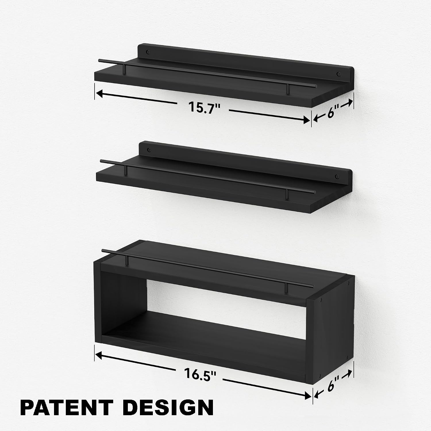 Black Floating Shelves With Cube & Metal Rail