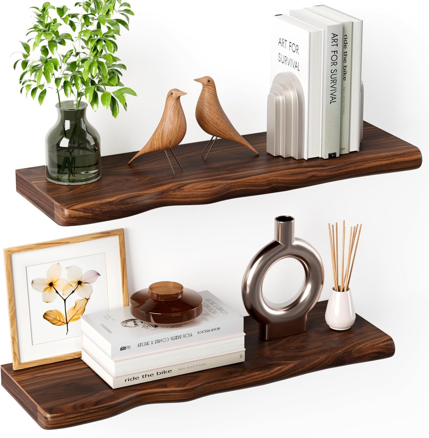 Set Of 2 Walnut Live Edge Floating Shelves