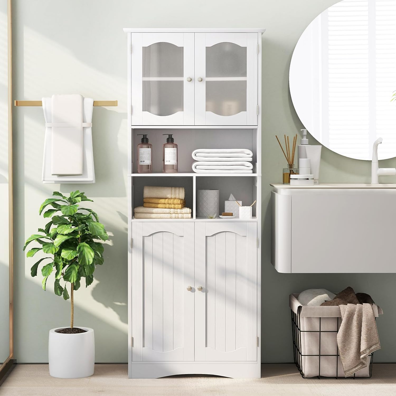 White Frosted Glass Tall Linen Pantry Cabinet