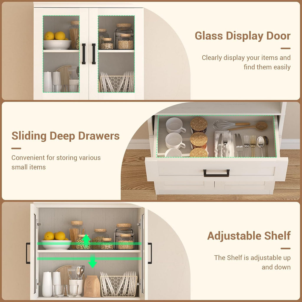 White Tall Glass Pantry Hutch Cabinet