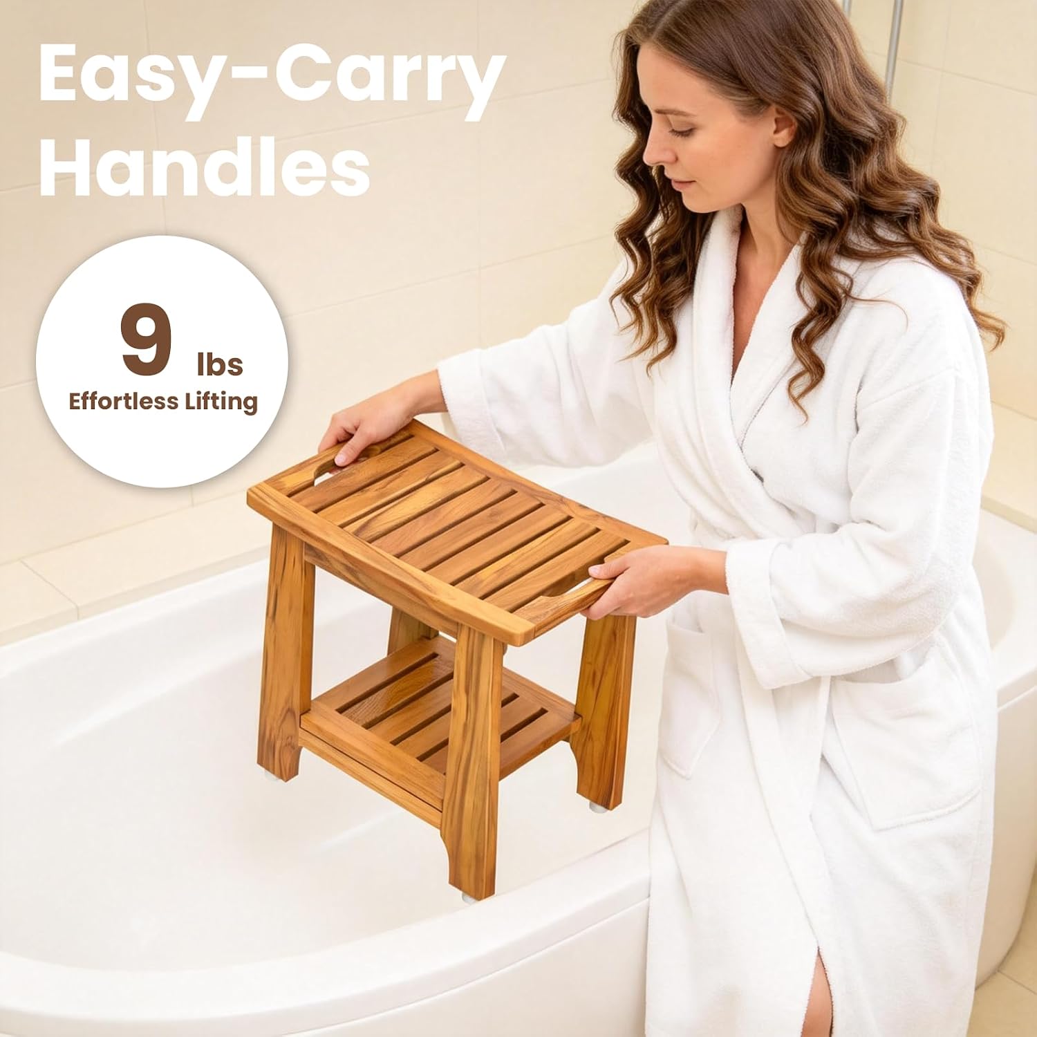 Teak Shower Bench With Shelf Handle
