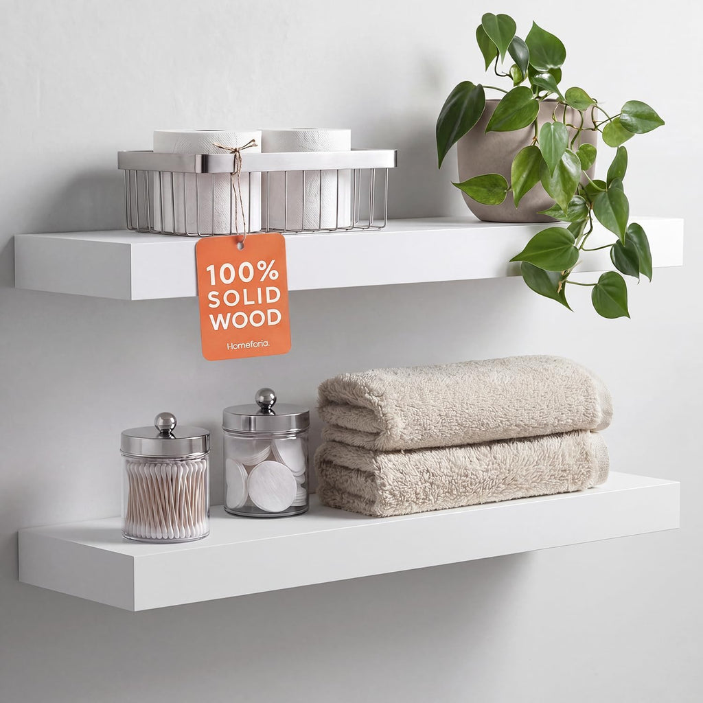 Set Of 2 White Solid Wood Floating Shelves