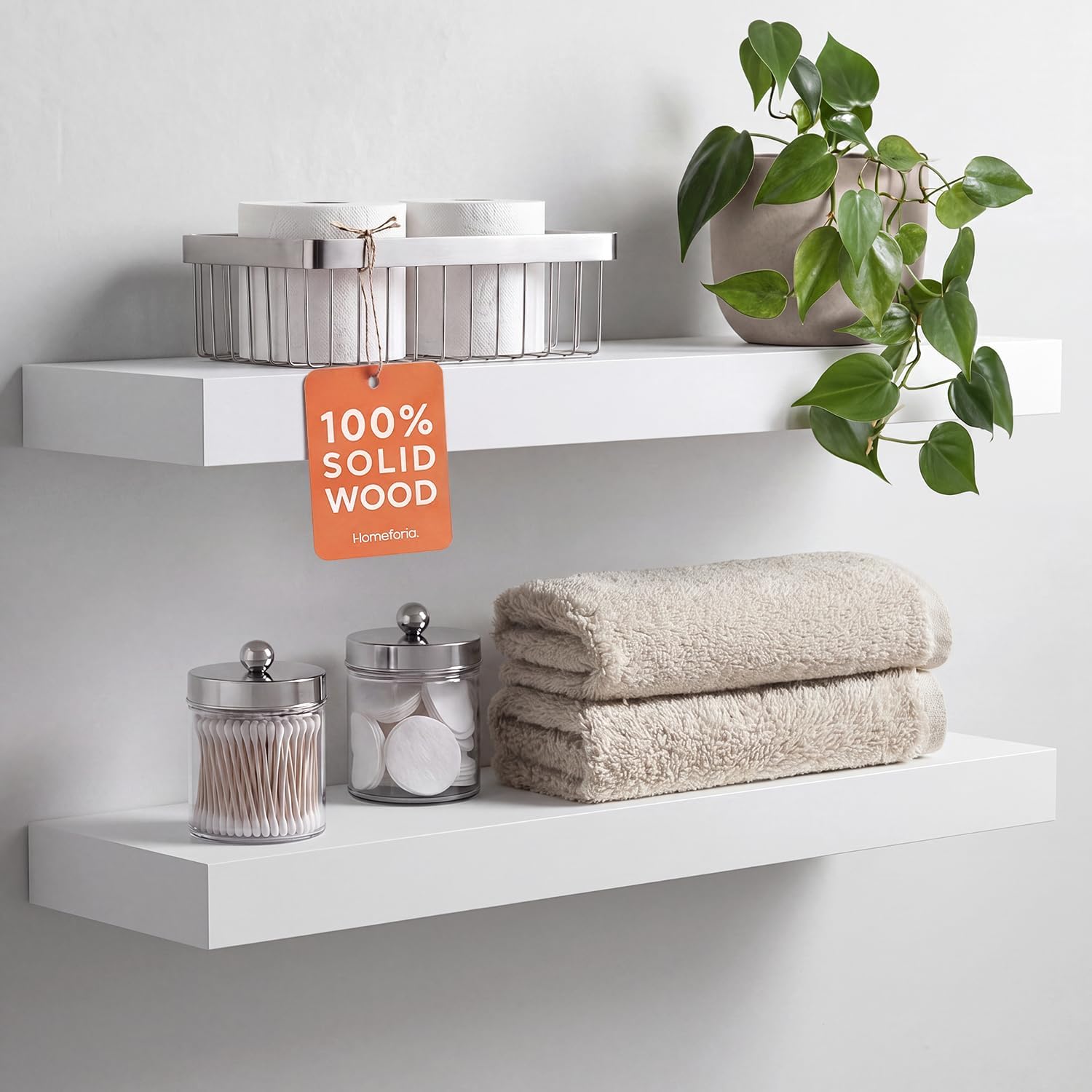 Set Of 2 White Solid Wood Floating Shelves