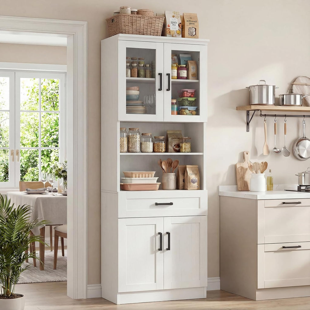 White Tall Glass Pantry Hutch Cabinet