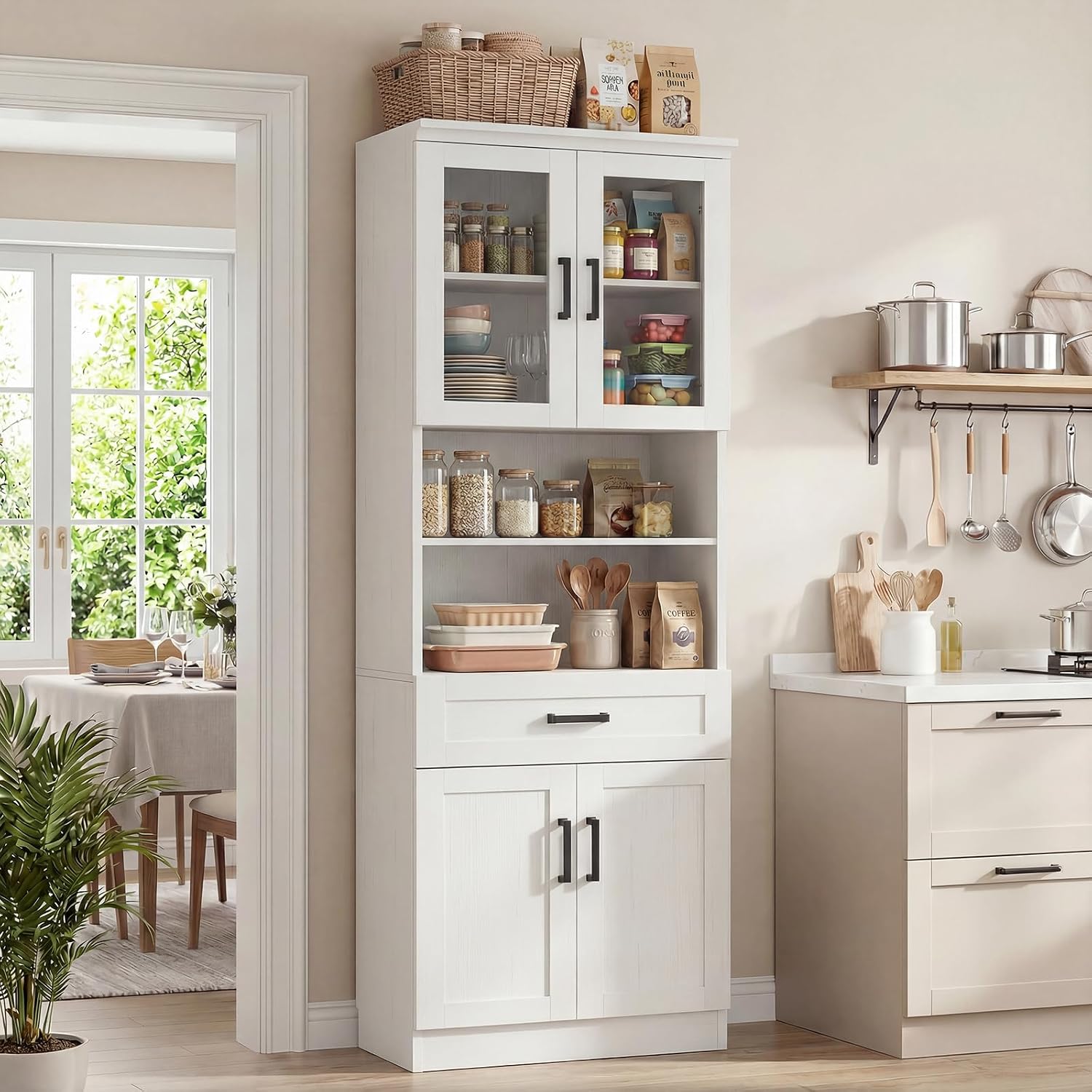 White Tall Glass Pantry Hutch Cabinet