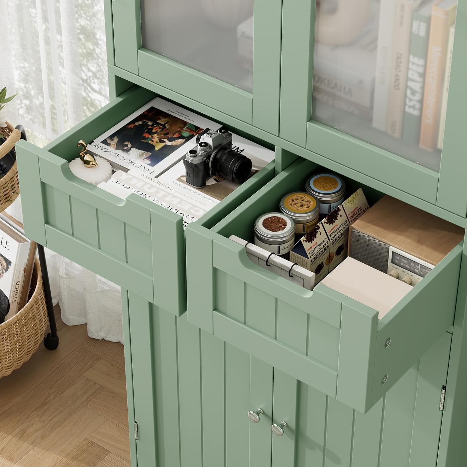 Green Glass Tall Linen Storage Cabinet