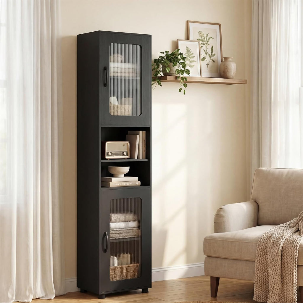 Black 67in Fluted Door Slim Cabinet
