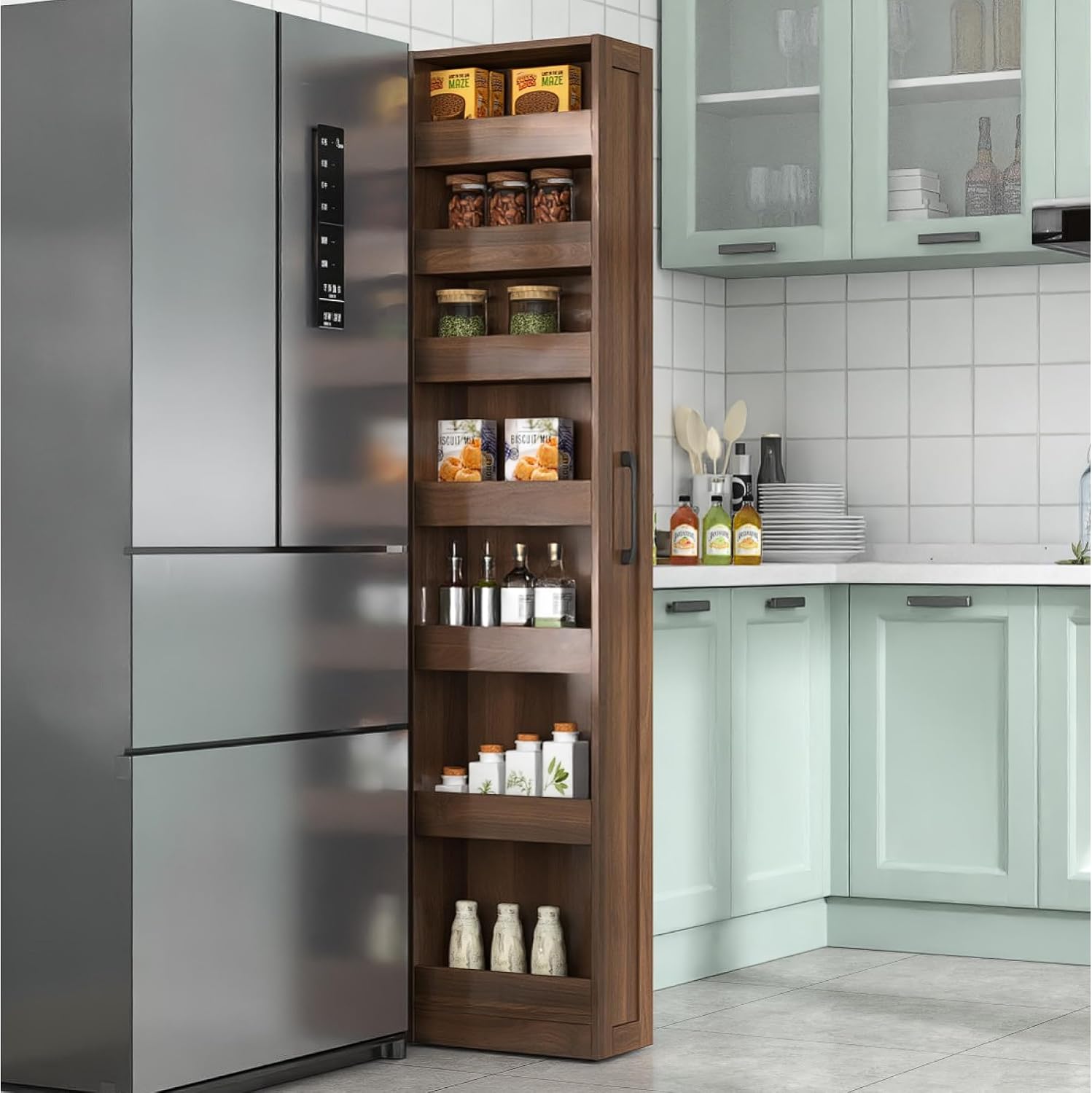 Walnut Rolling Pull Out Pantry Cabinet