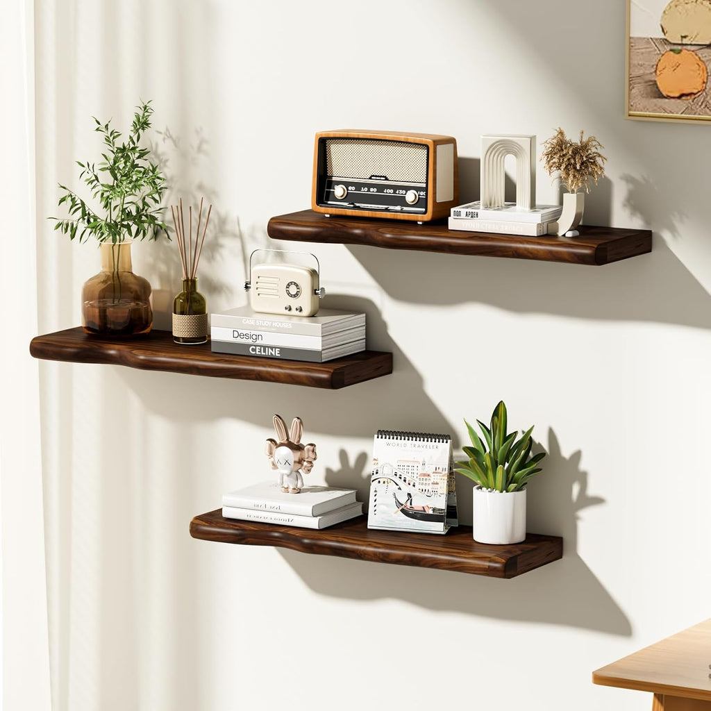 Set Of 2 Walnut Live Edge Floating Shelves