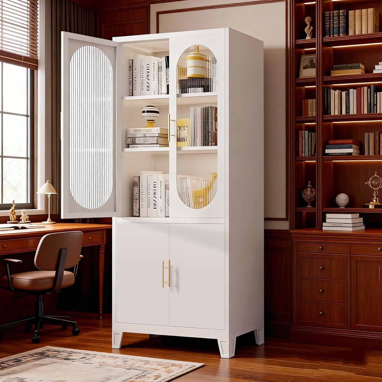 White Tall Glass Door Storage Cabinet