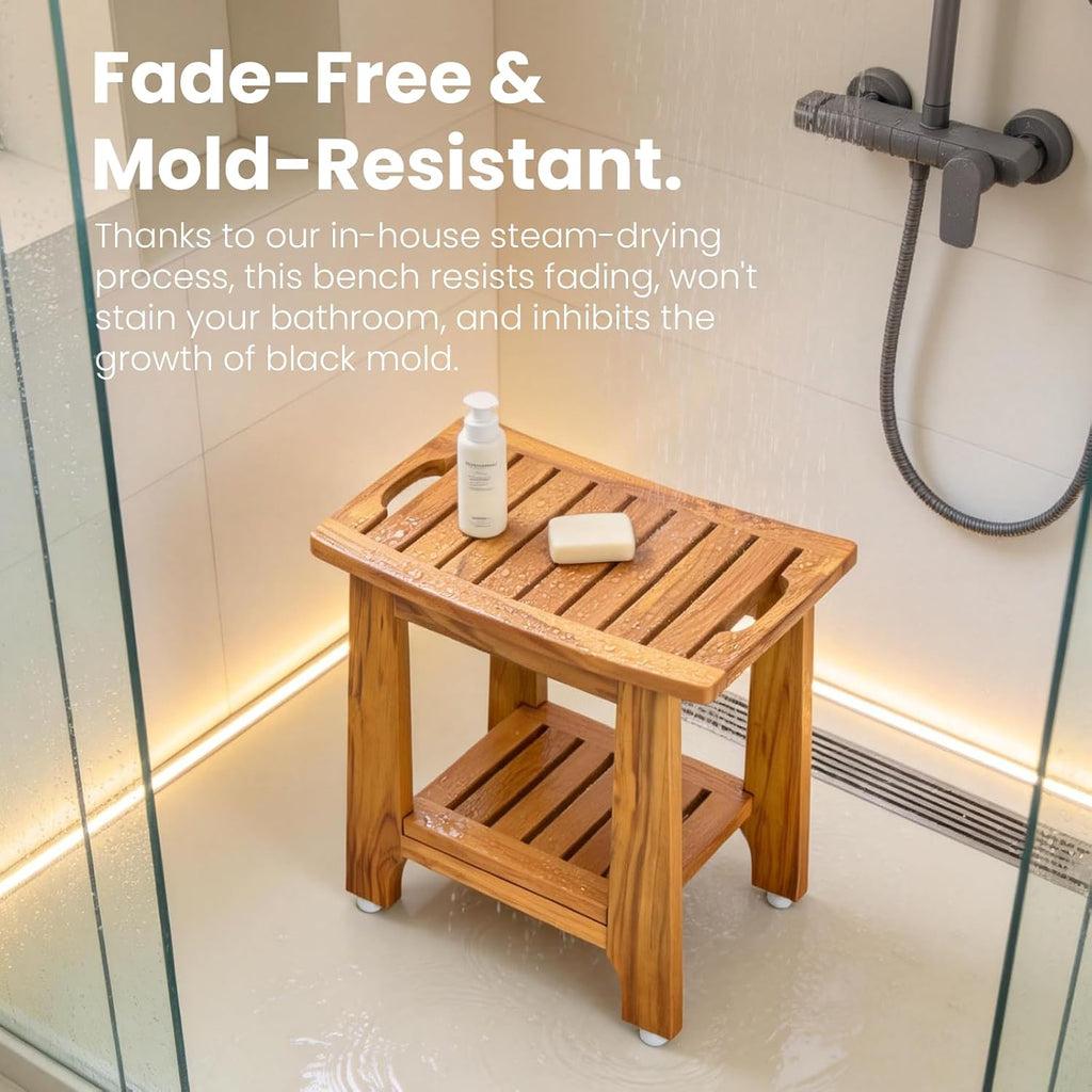 Teak Shower Bench With Shelf Handle