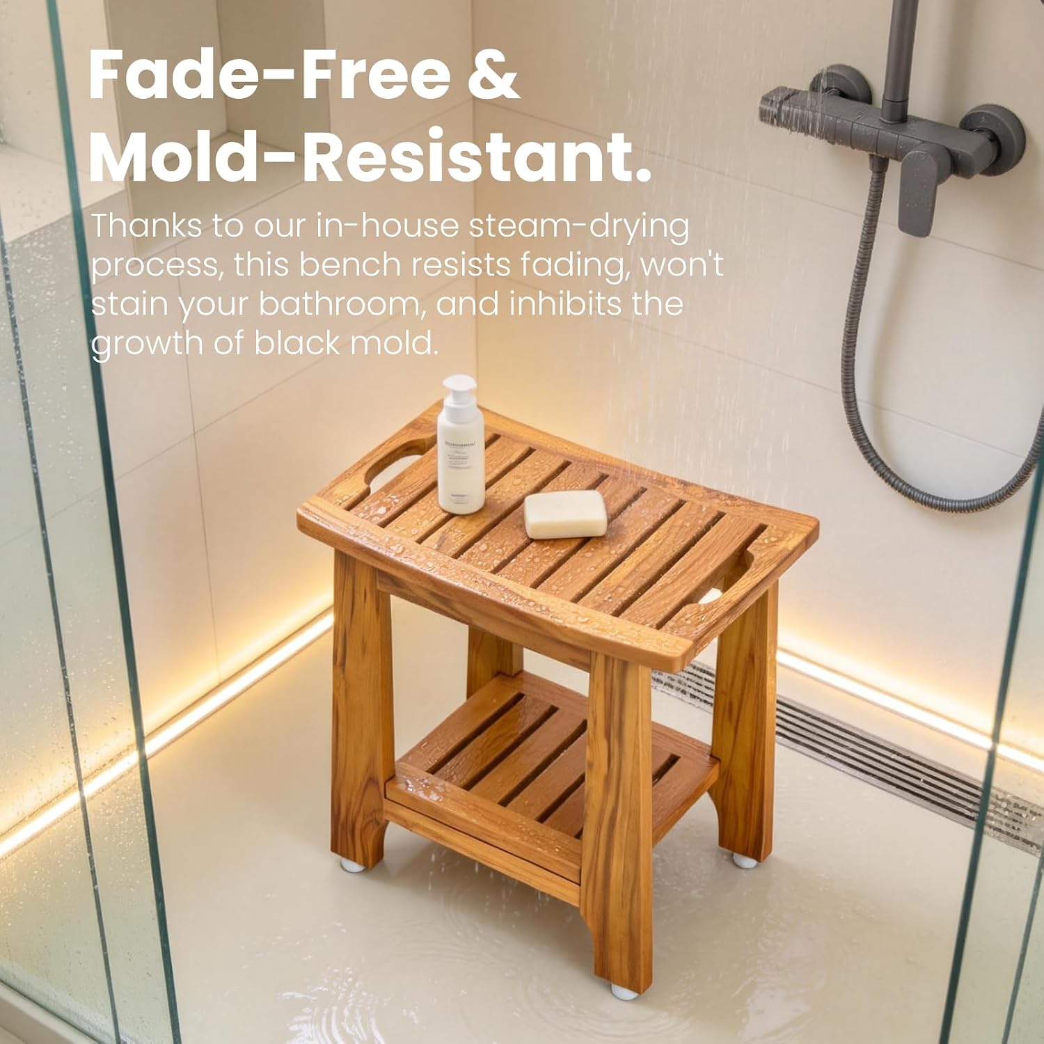 Teak Shower Bench With Shelf Handle