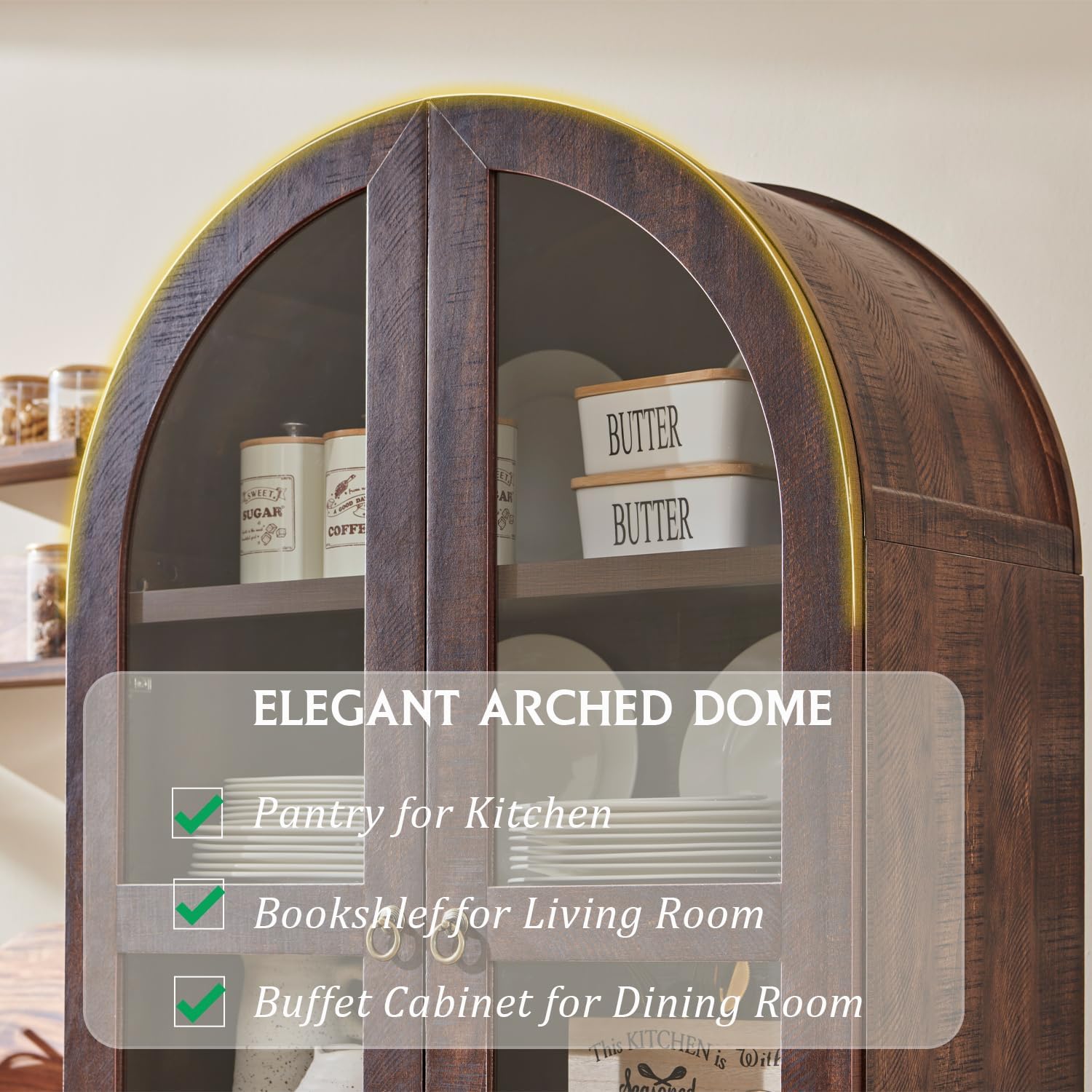 Brown Arched Farmhouse Tall Pantry Cabinet