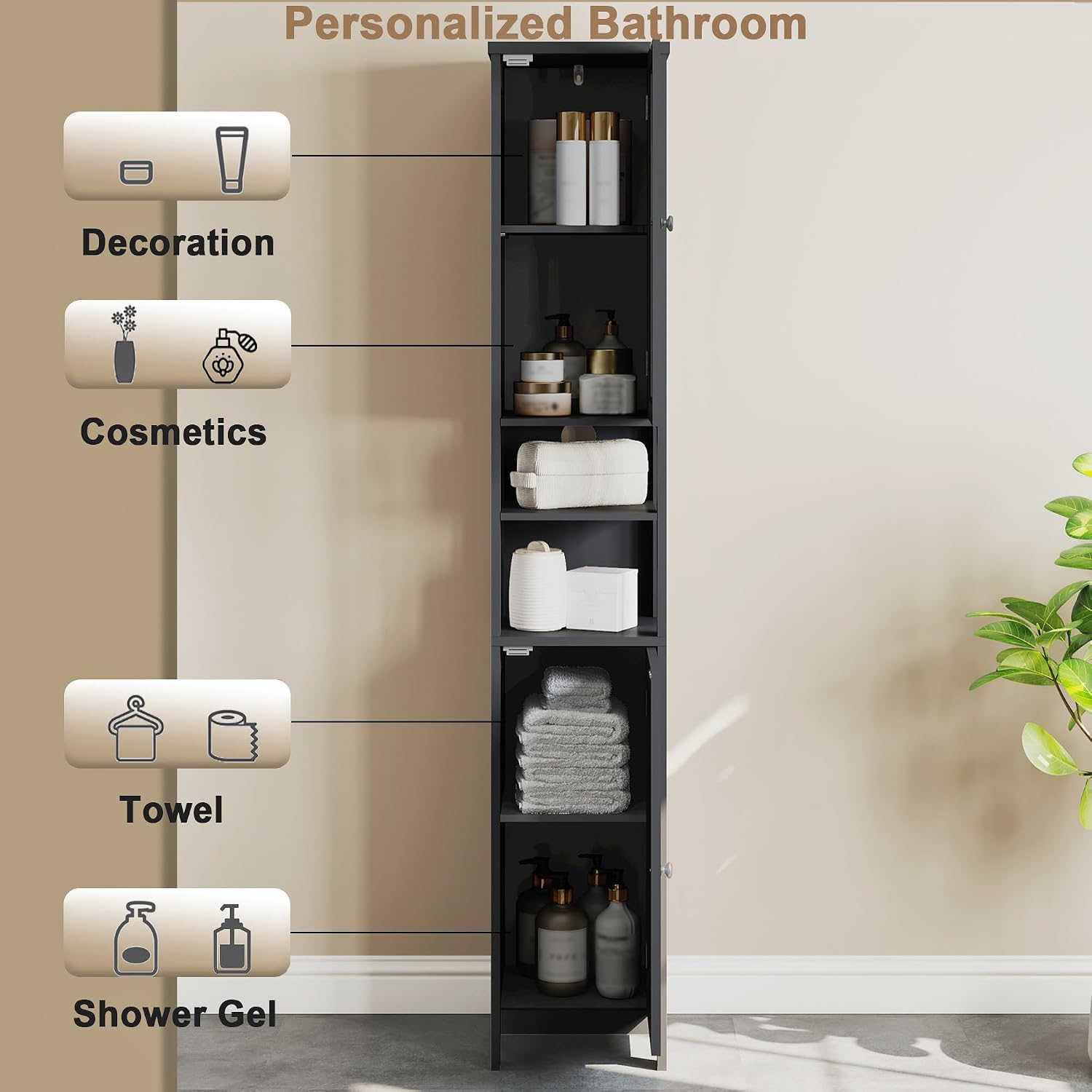 Black Lit Slim Tall Linen Cabinet