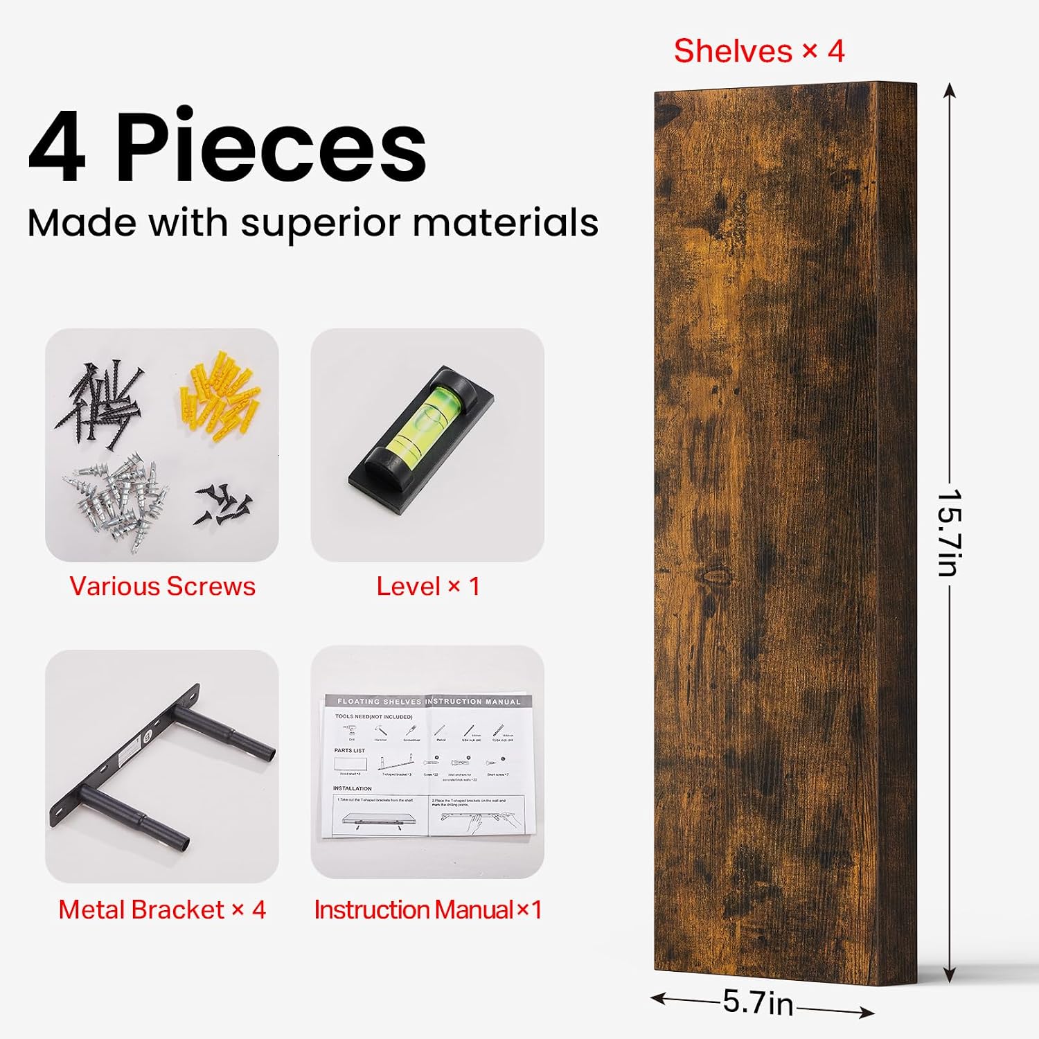 4-Pack Rustic Wood Floating Shelves