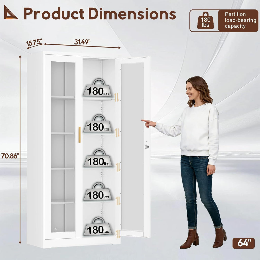 White Lockable Metal Glass Display Cabinet