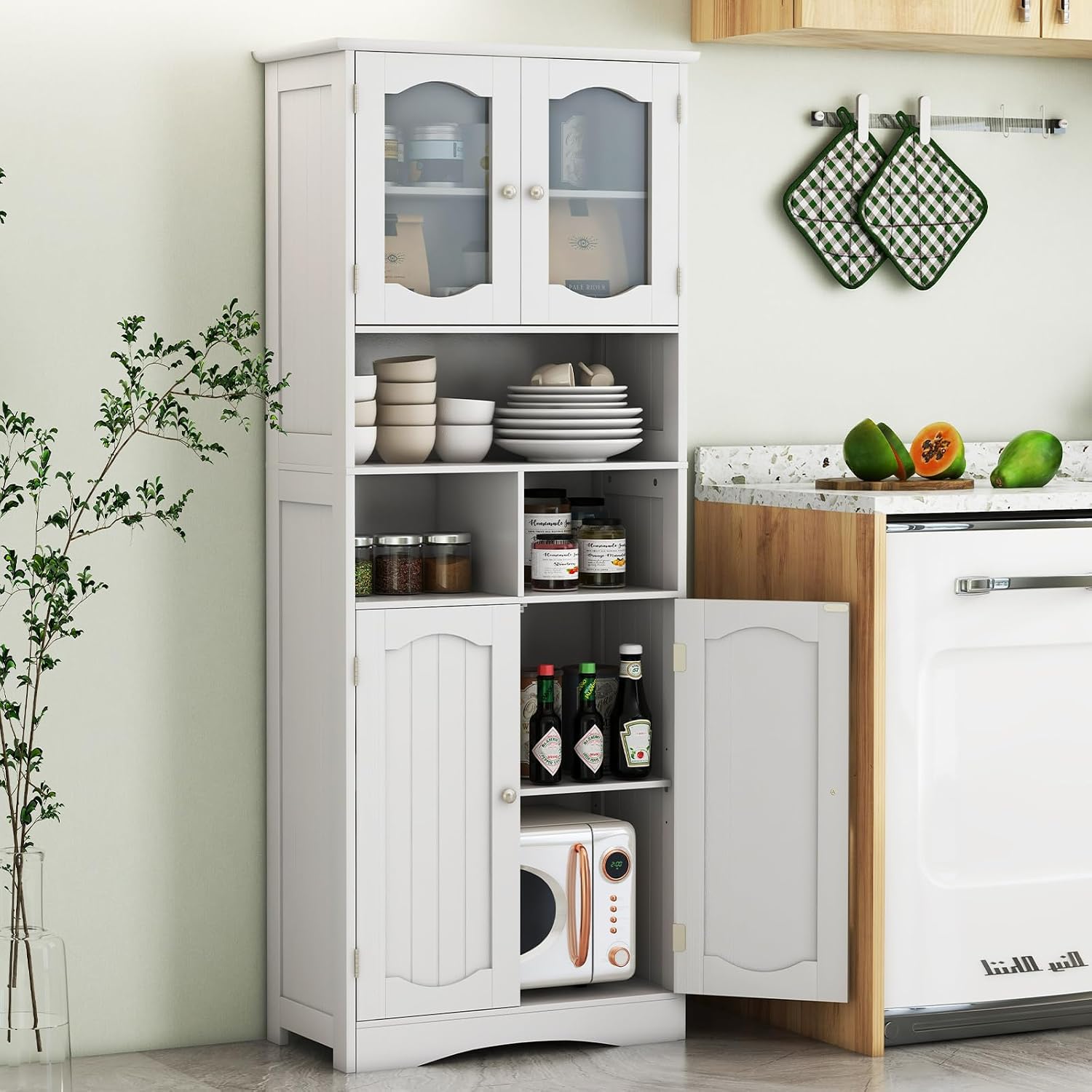 White Frosted Glass Tall Linen Pantry Cabinet