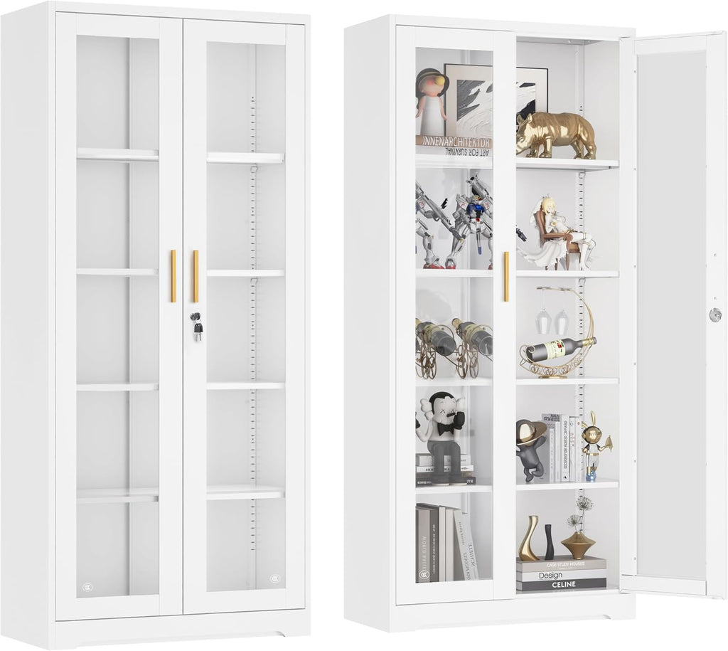 White Lockable Metal Glass Display Cabinet