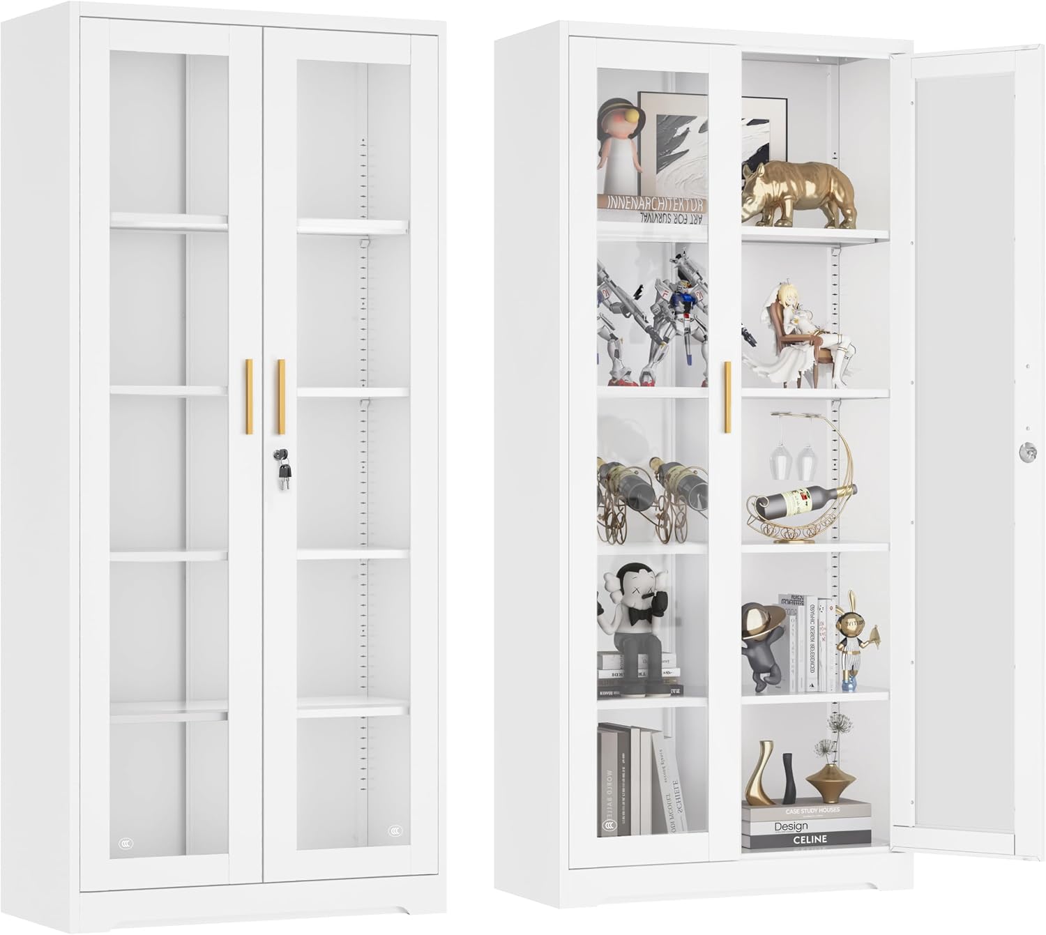 White Lockable Metal Glass Display Cabinet