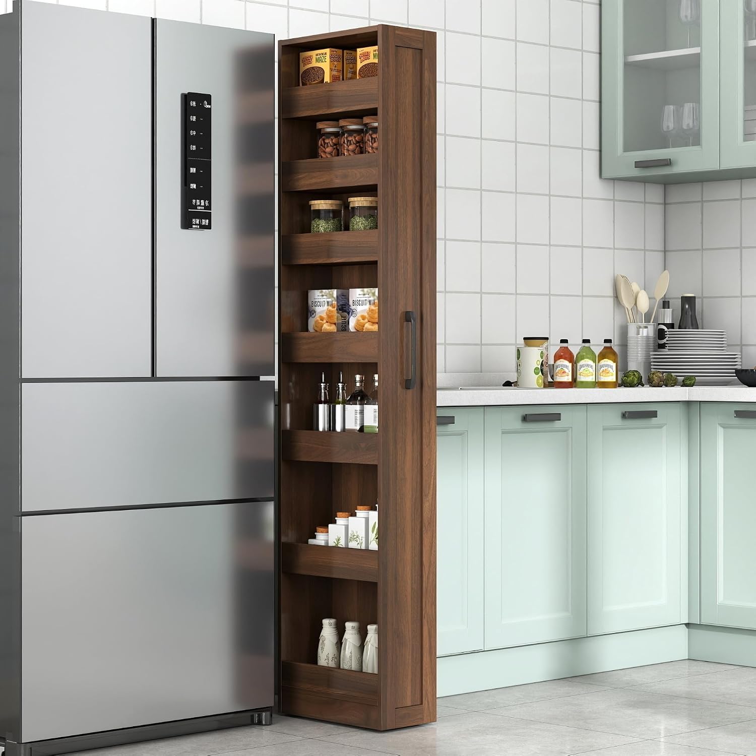 Walnut Rolling Pull Out Pantry Cabinet