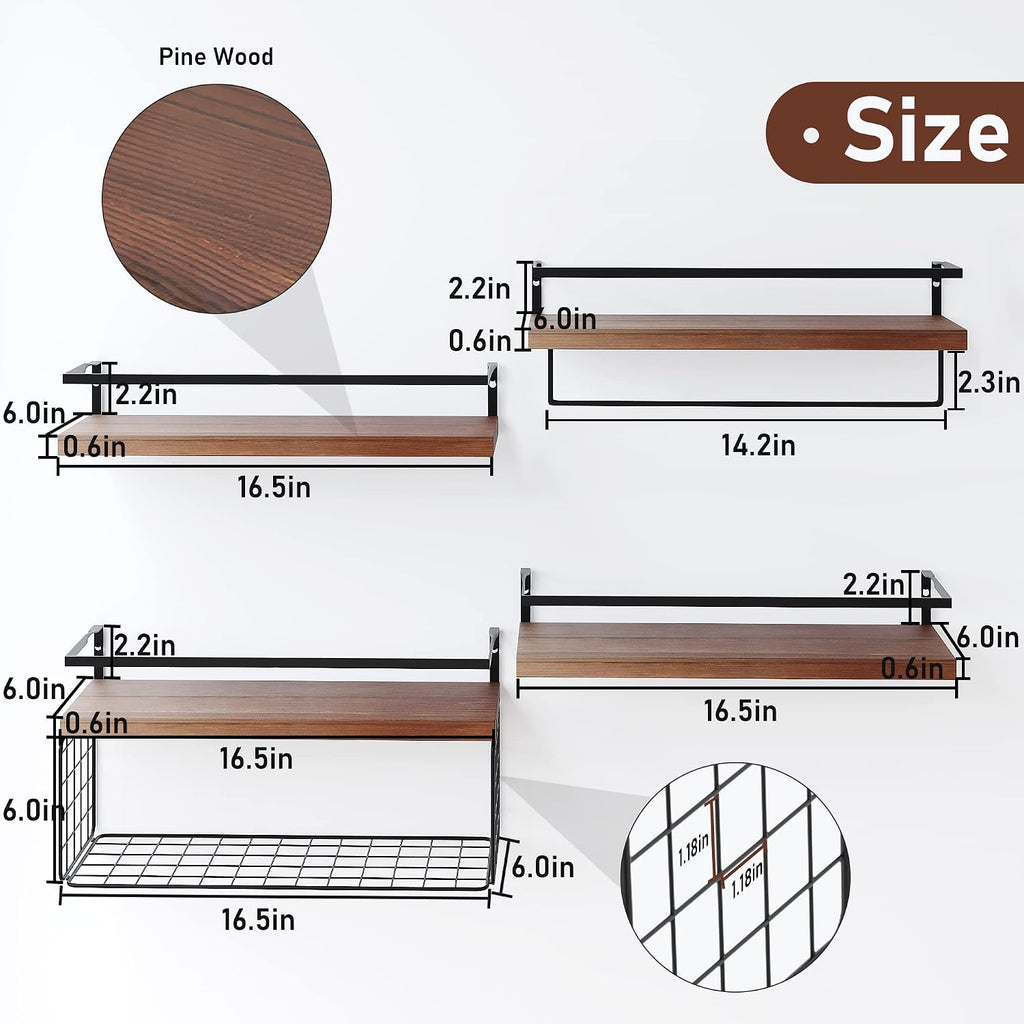 4-Tier Rustic Floating Shelves With Towel Bar