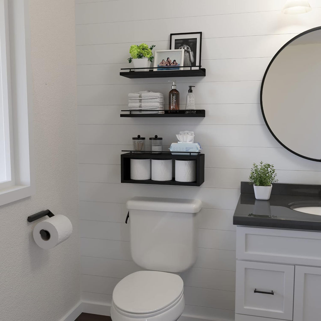 Black Floating Shelves With Cube & Metal Rail