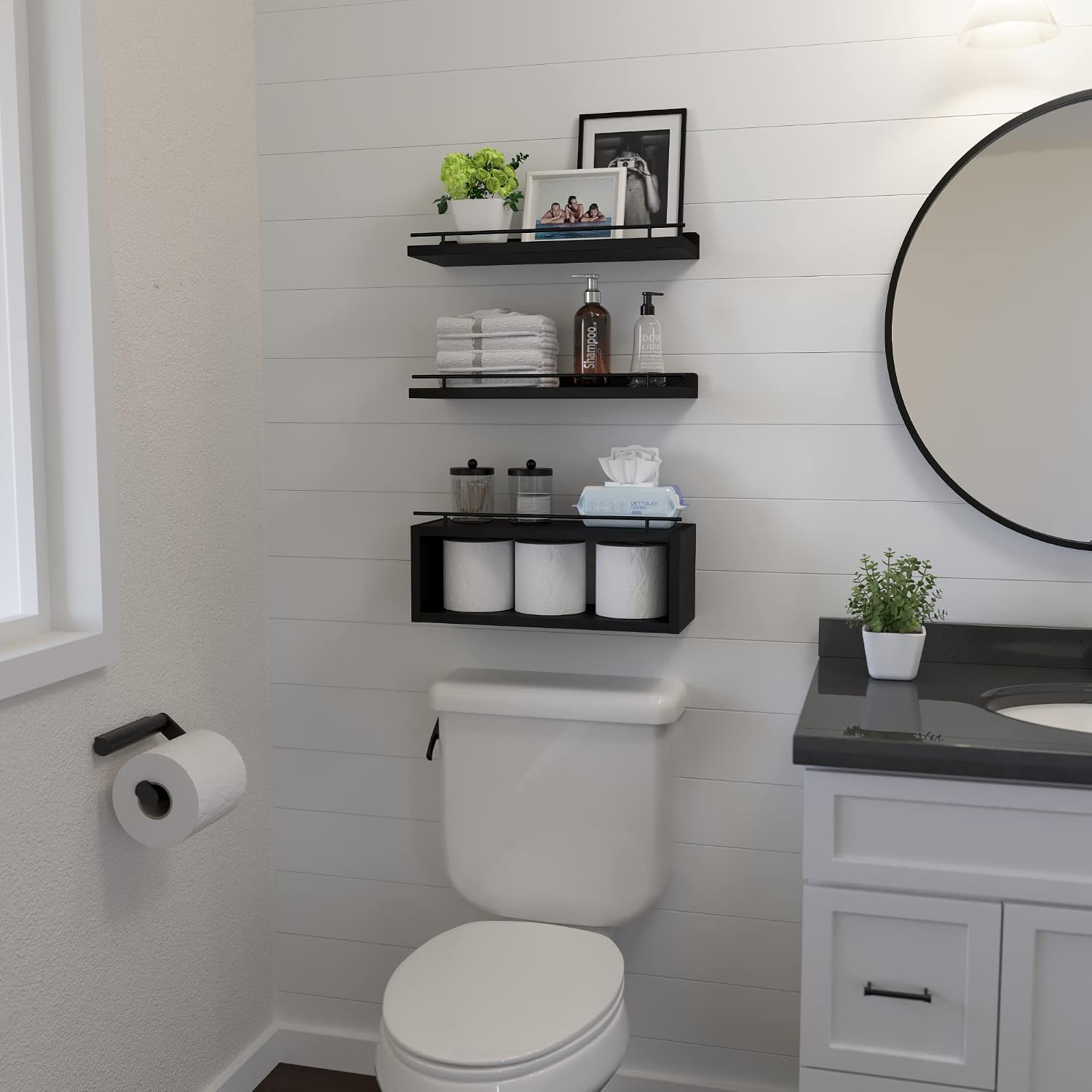 Black Floating Shelves With Cube & Metal Rail