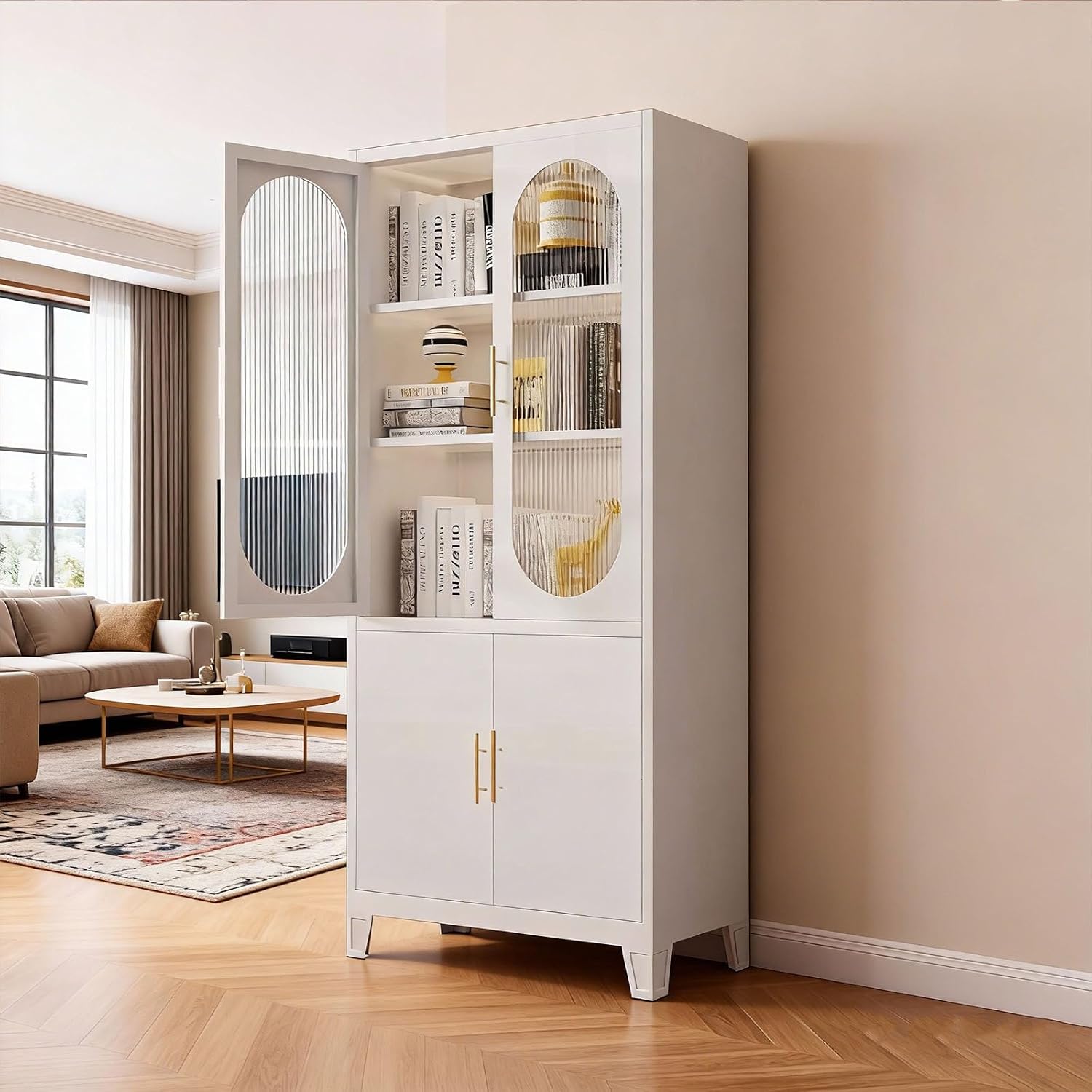 White Tall Glass Door Storage Cabinet