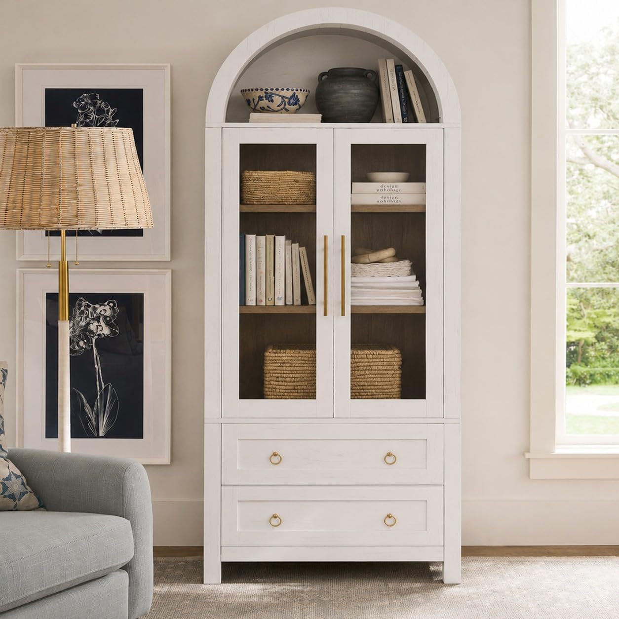White Arched Glass Tall Storage Bookcase