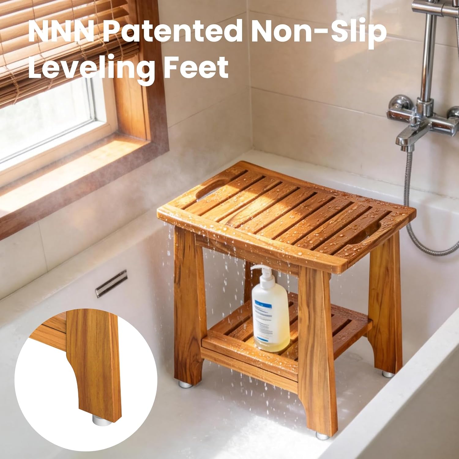 Teak Shower Bench With Shelf Handle