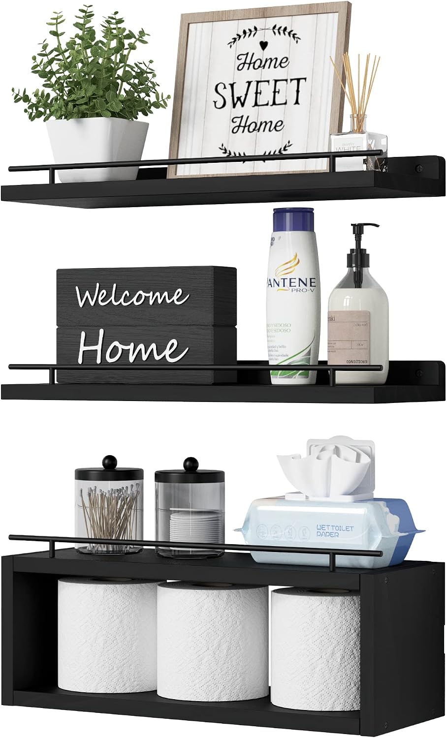 Black Floating Shelves With Cube & Metal Rail