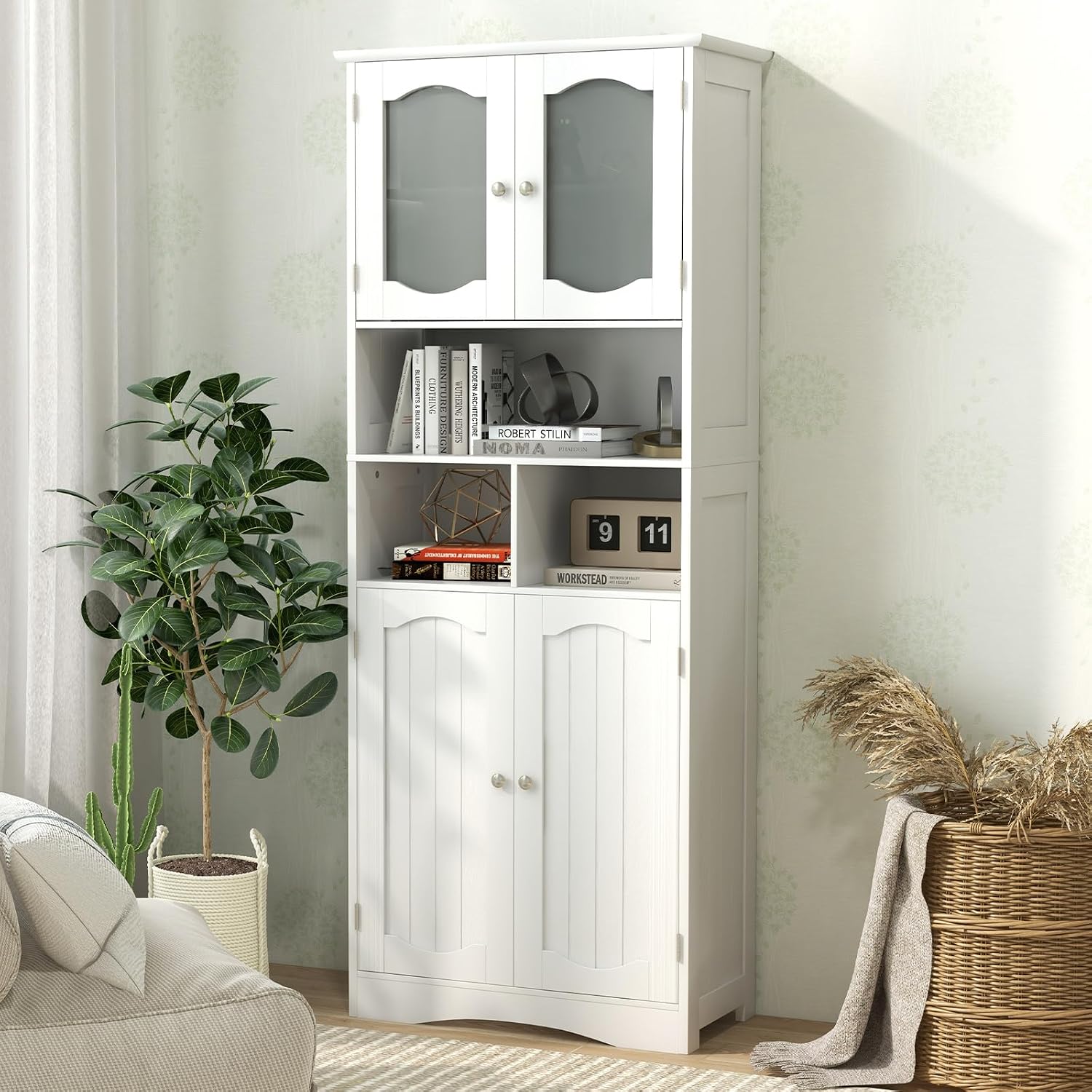 White Frosted Glass Tall Linen Pantry Cabinet
