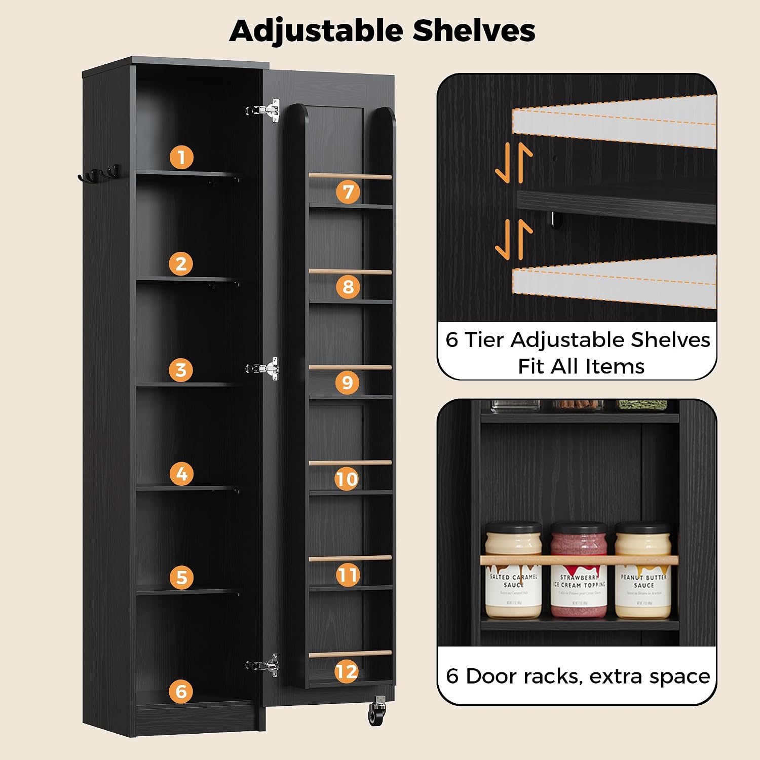 72in Black Rolling Slim Pantry Cabinet