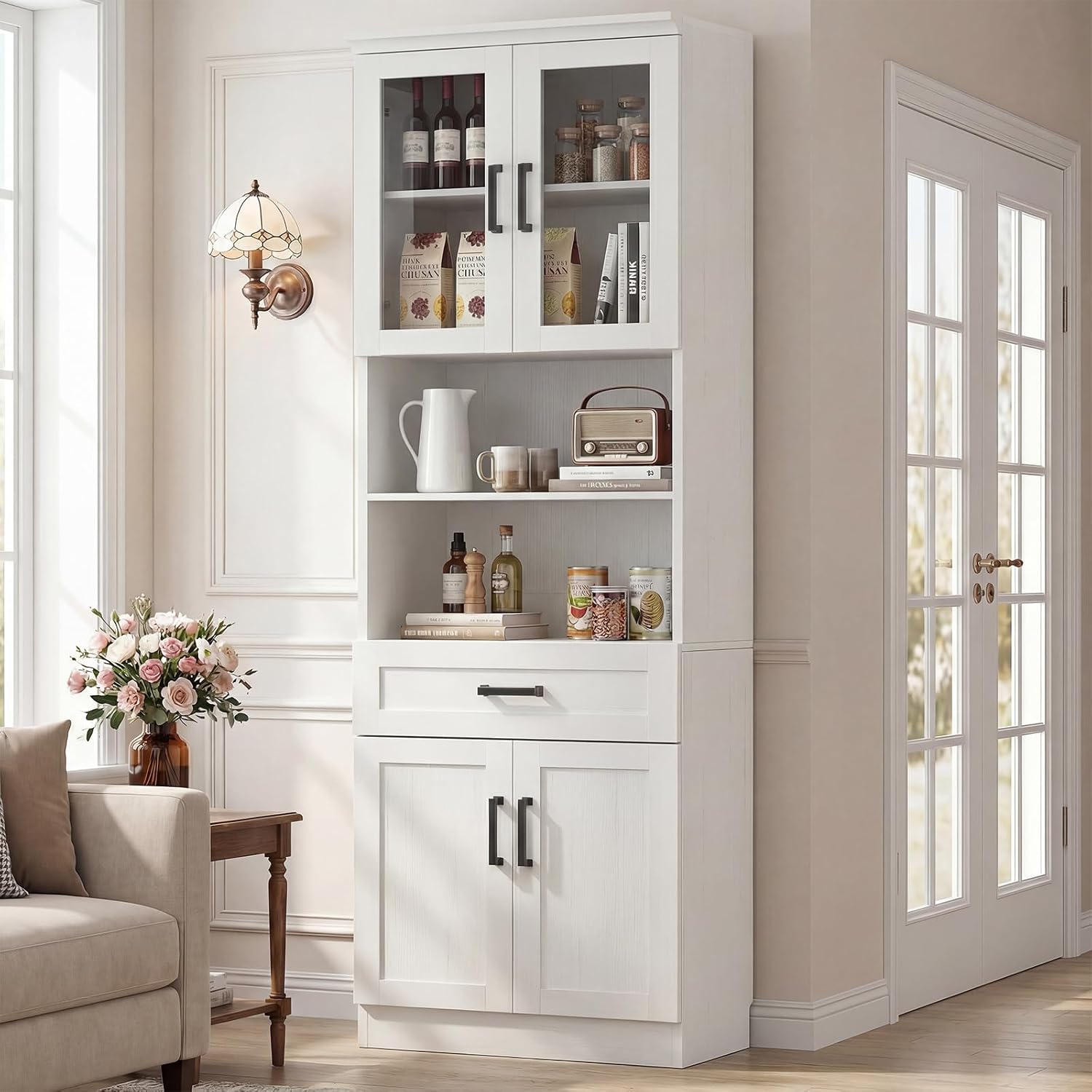 White Tall Glass Pantry Hutch Cabinet