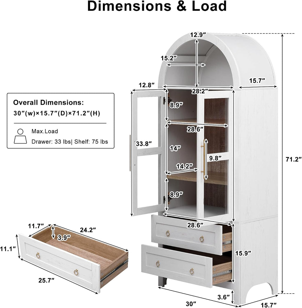 White Arched Glass Tall Storage Bookcase