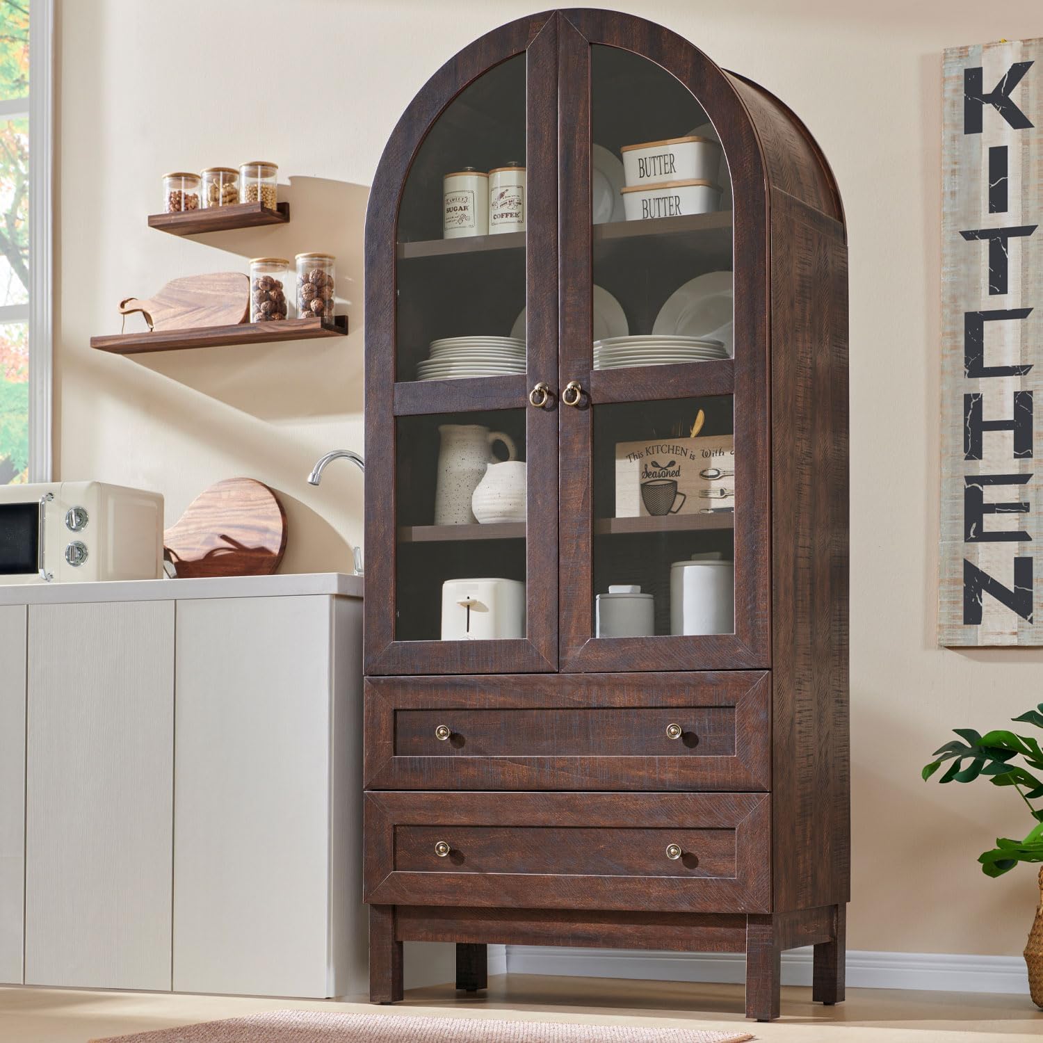 Brown Arched Farmhouse Tall Pantry Cabinet
