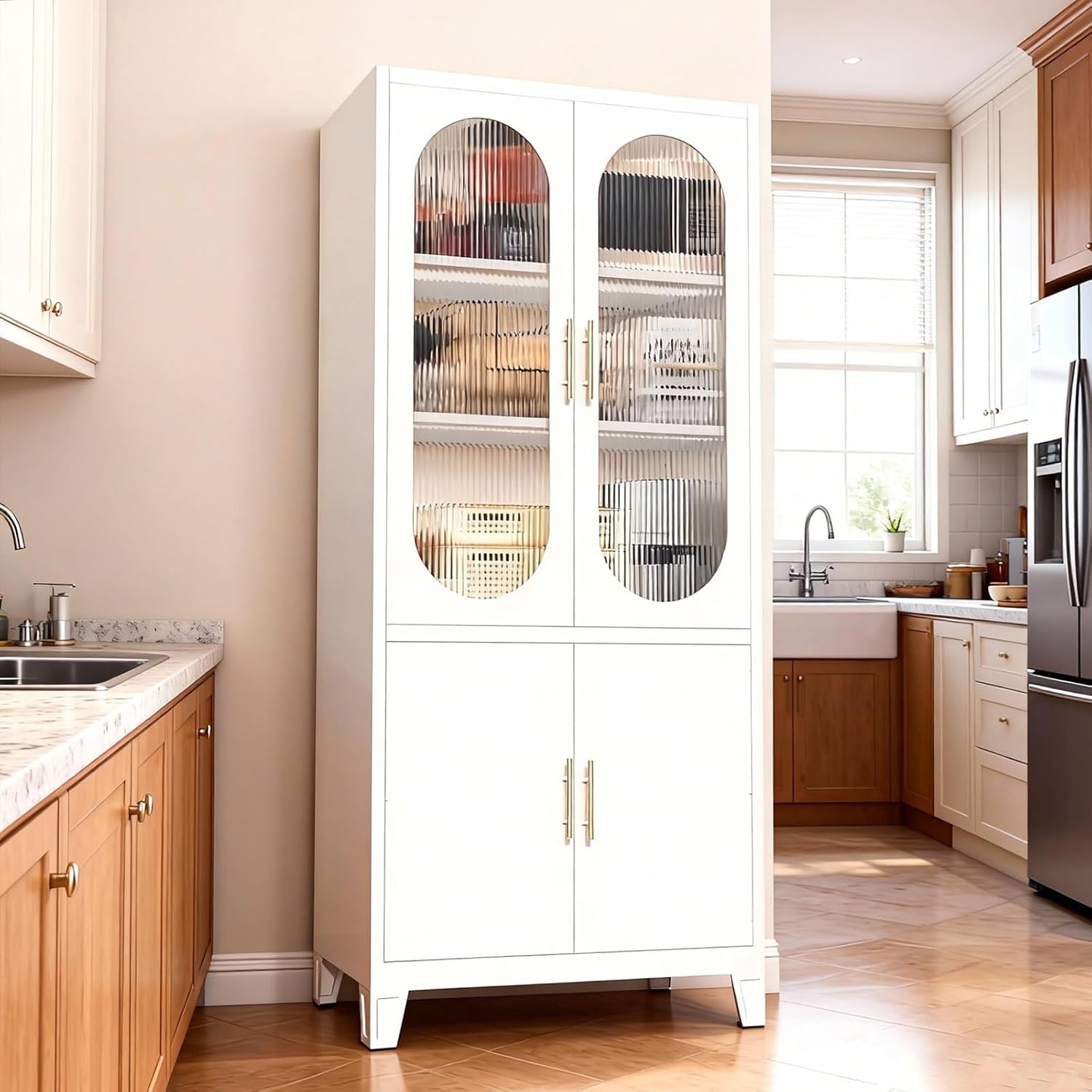 White Tall Glass Door Storage Cabinet