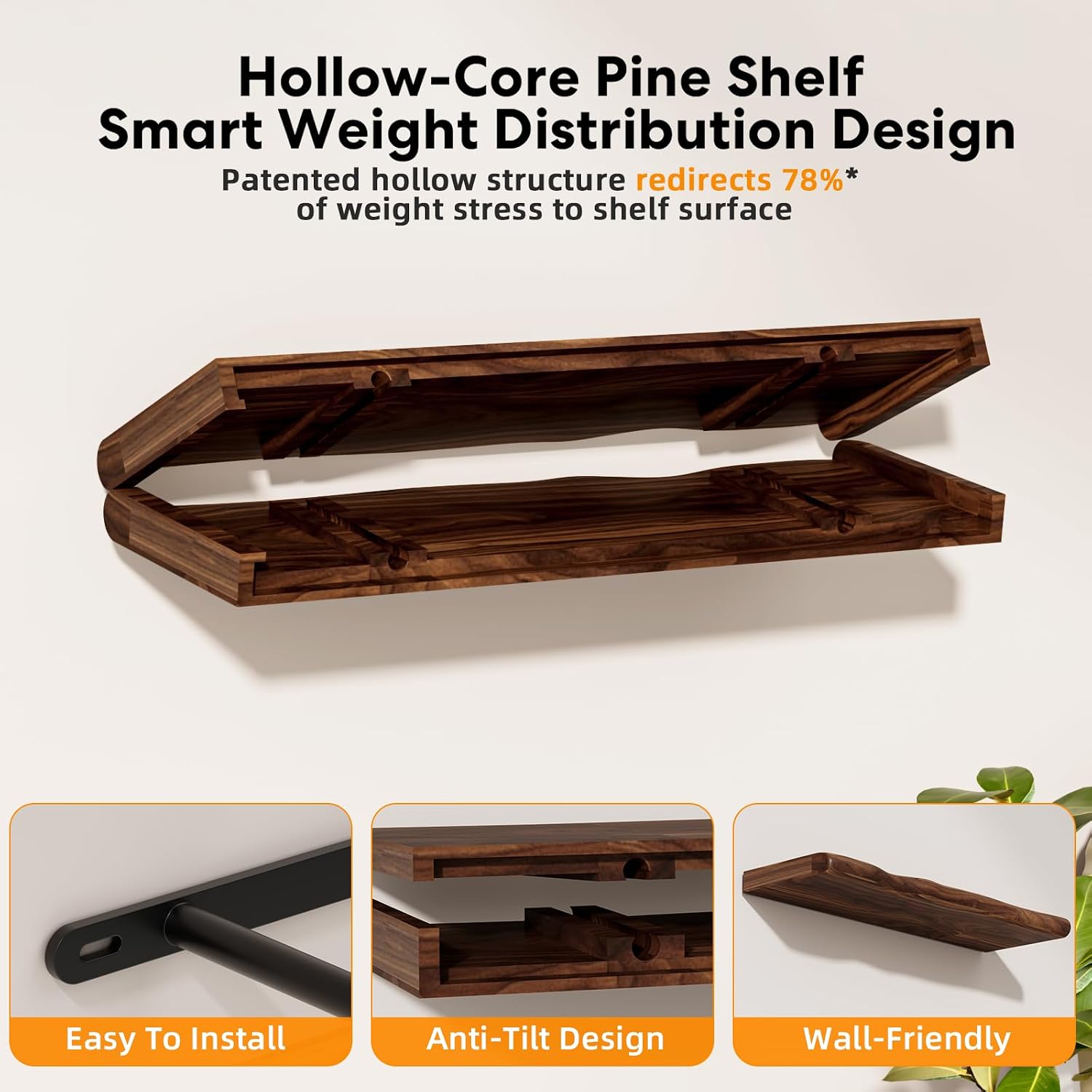 Set Of 2 Walnut Live Edge Floating Shelves