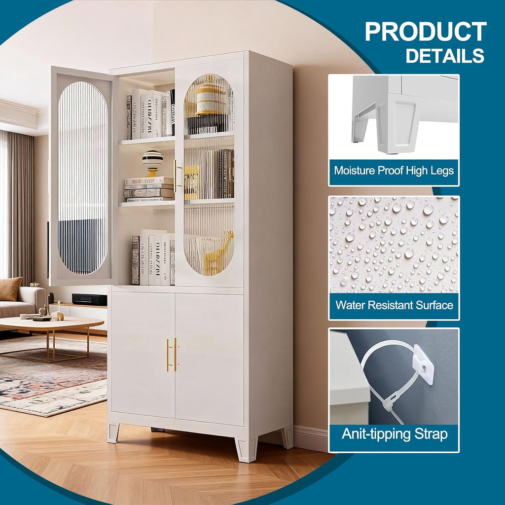 White Tall Glass Door Storage Cabinet